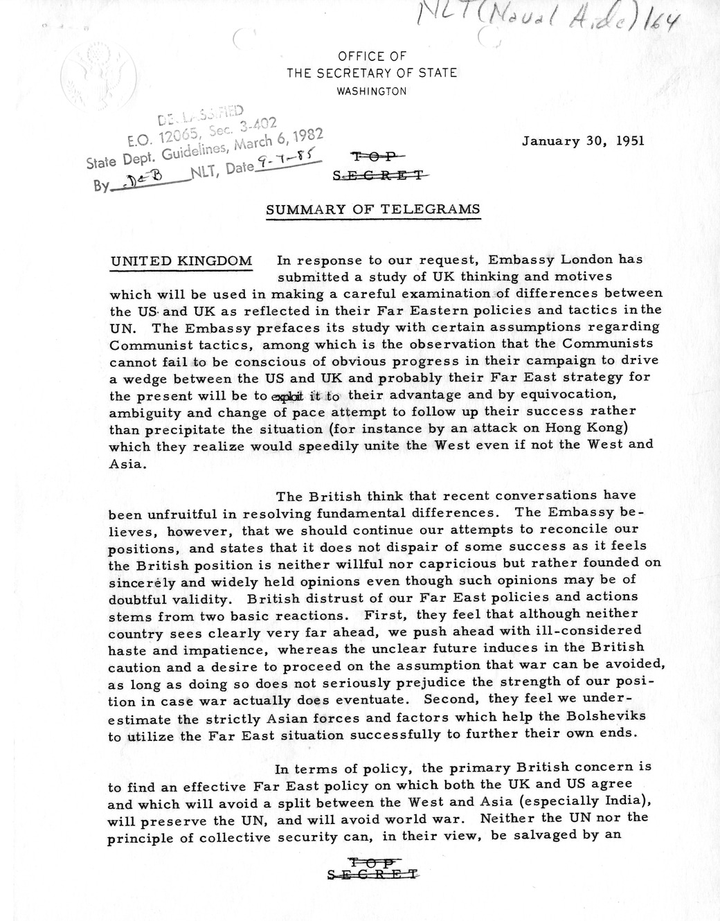 Memorandum, State Department Summary of Telegrams