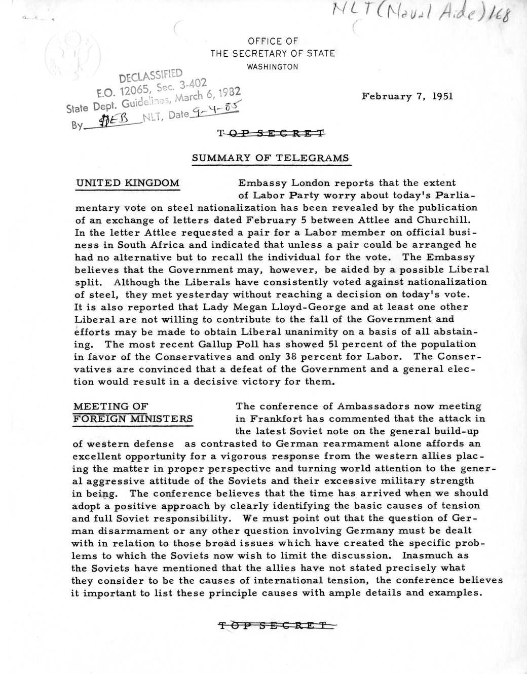 Memorandum, State Department Summary of Telegrams