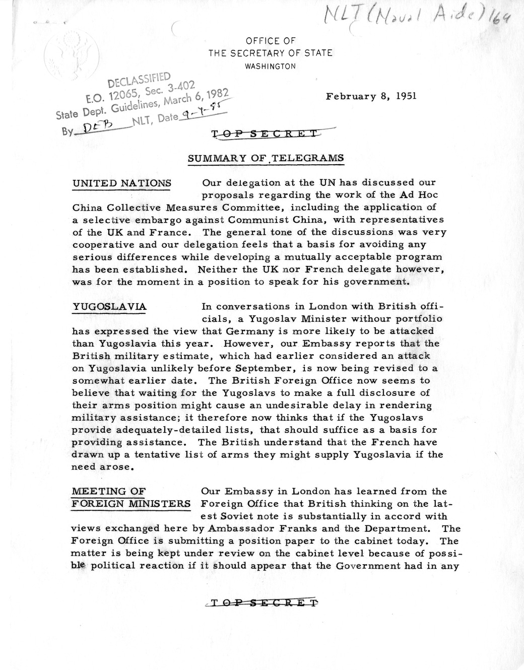 Memorandum, State Department Summary of Telegrams