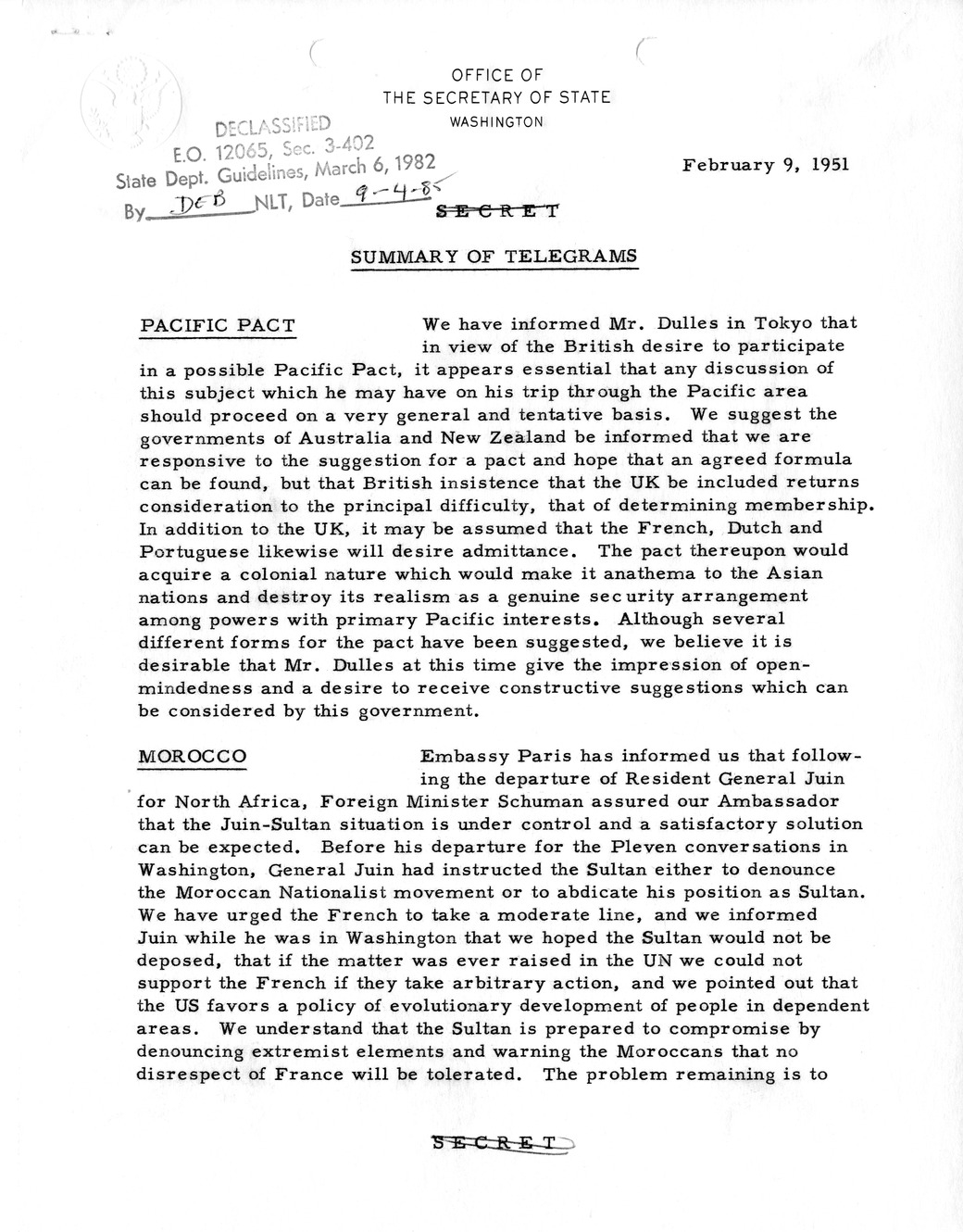 Memorandum, State Department Summary of Telegrams