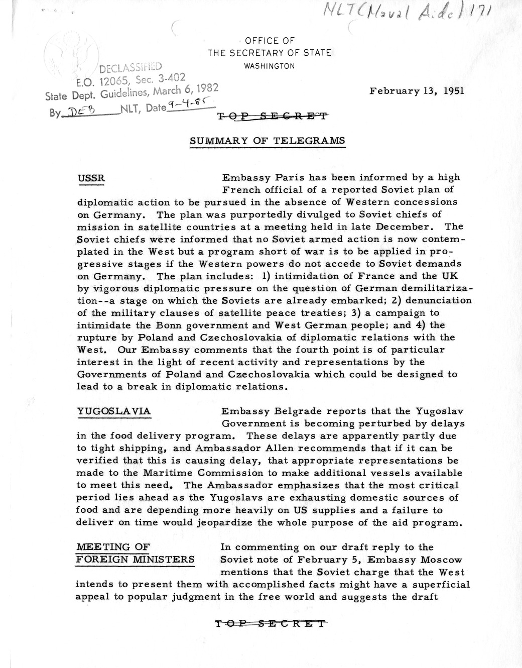 Memorandum, State Department Summary of Telegrams