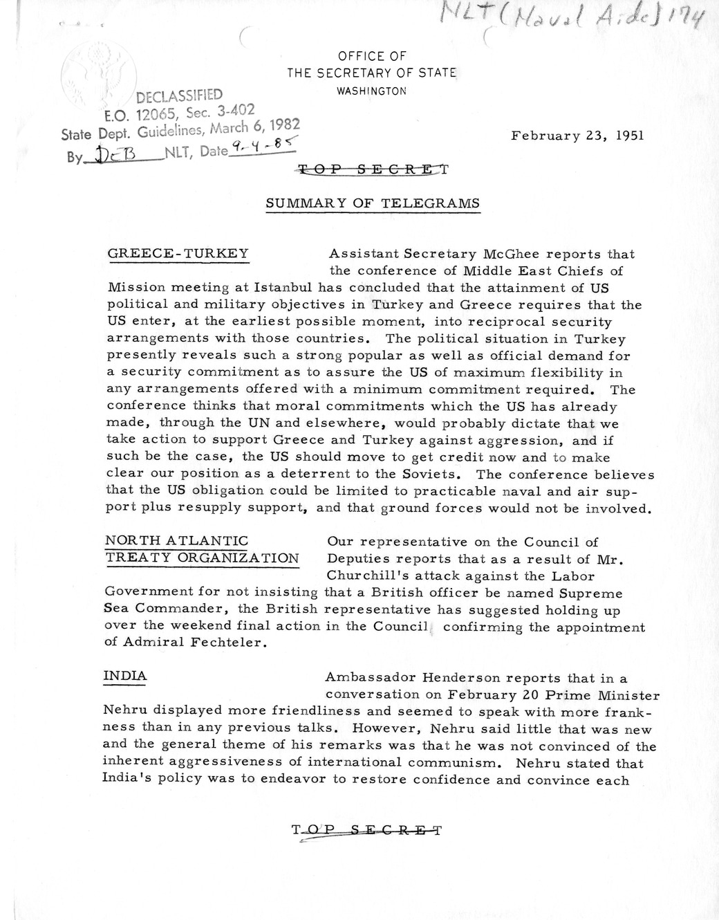 Memorandum, State Department Summary of Telegrams