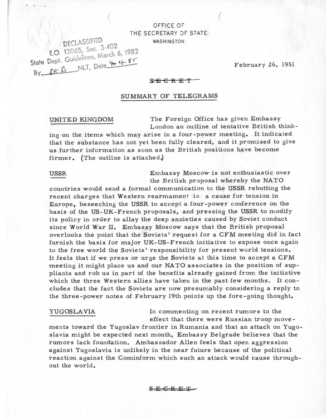 Memorandum, State Department Summary of Telegrams