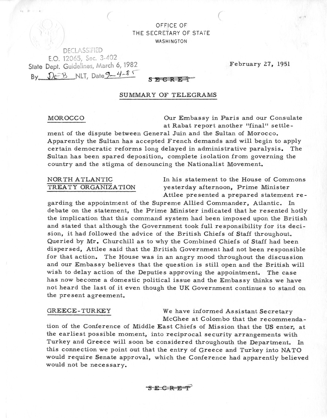 Memorandum, State Department Summary of Telegrams