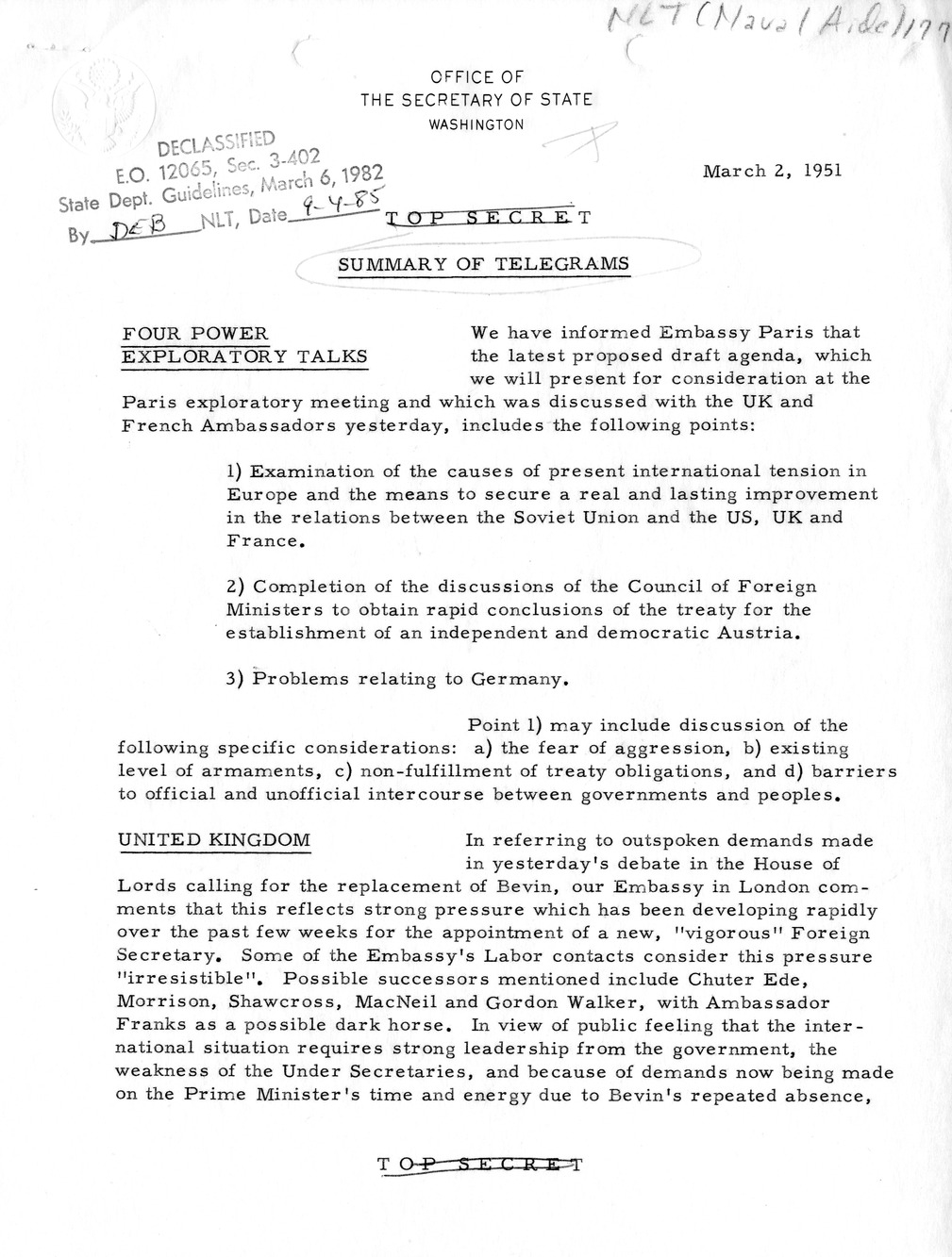 Memorandum, State Department Summary of Telegrams
