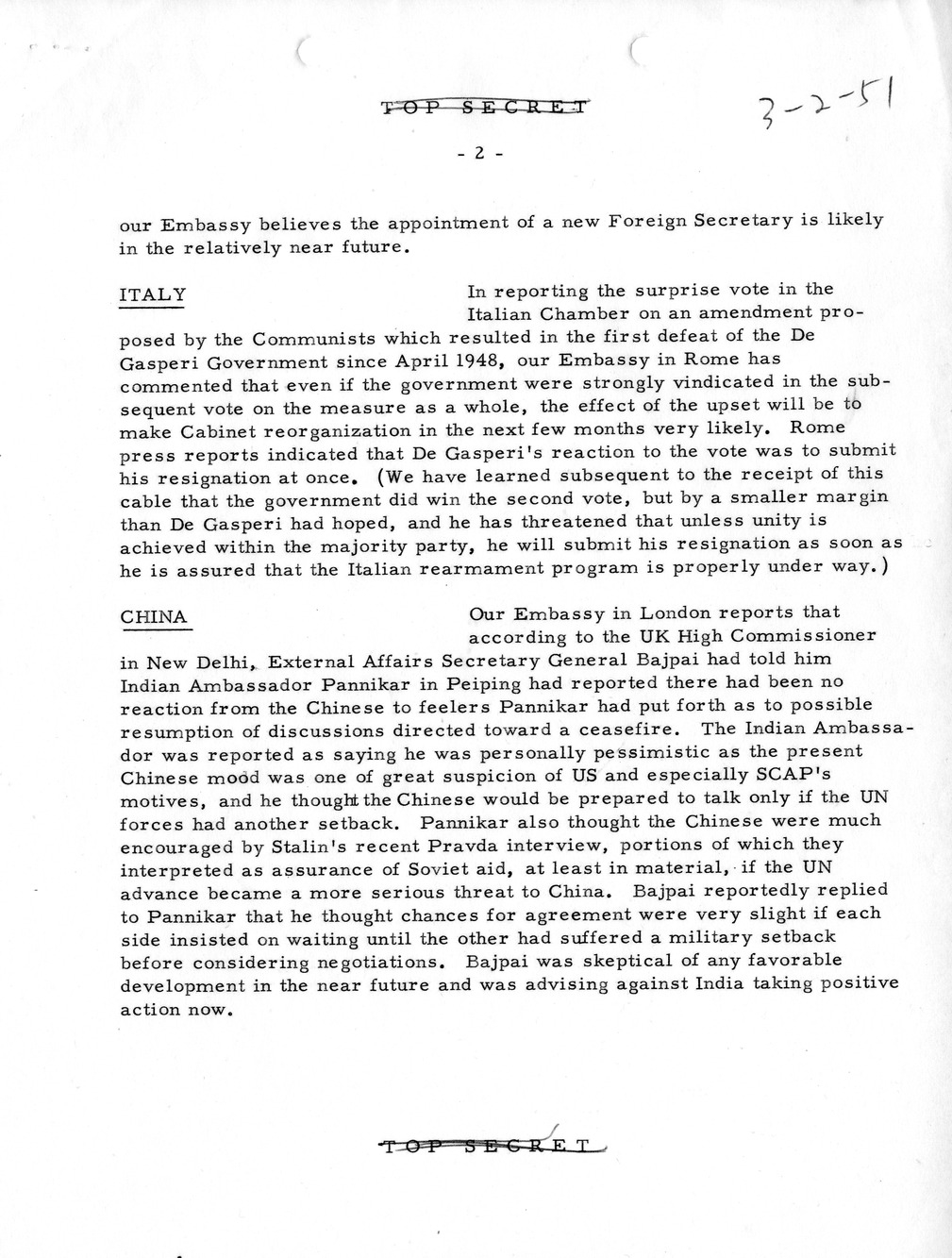 Memorandum, State Department Summary of Telegrams