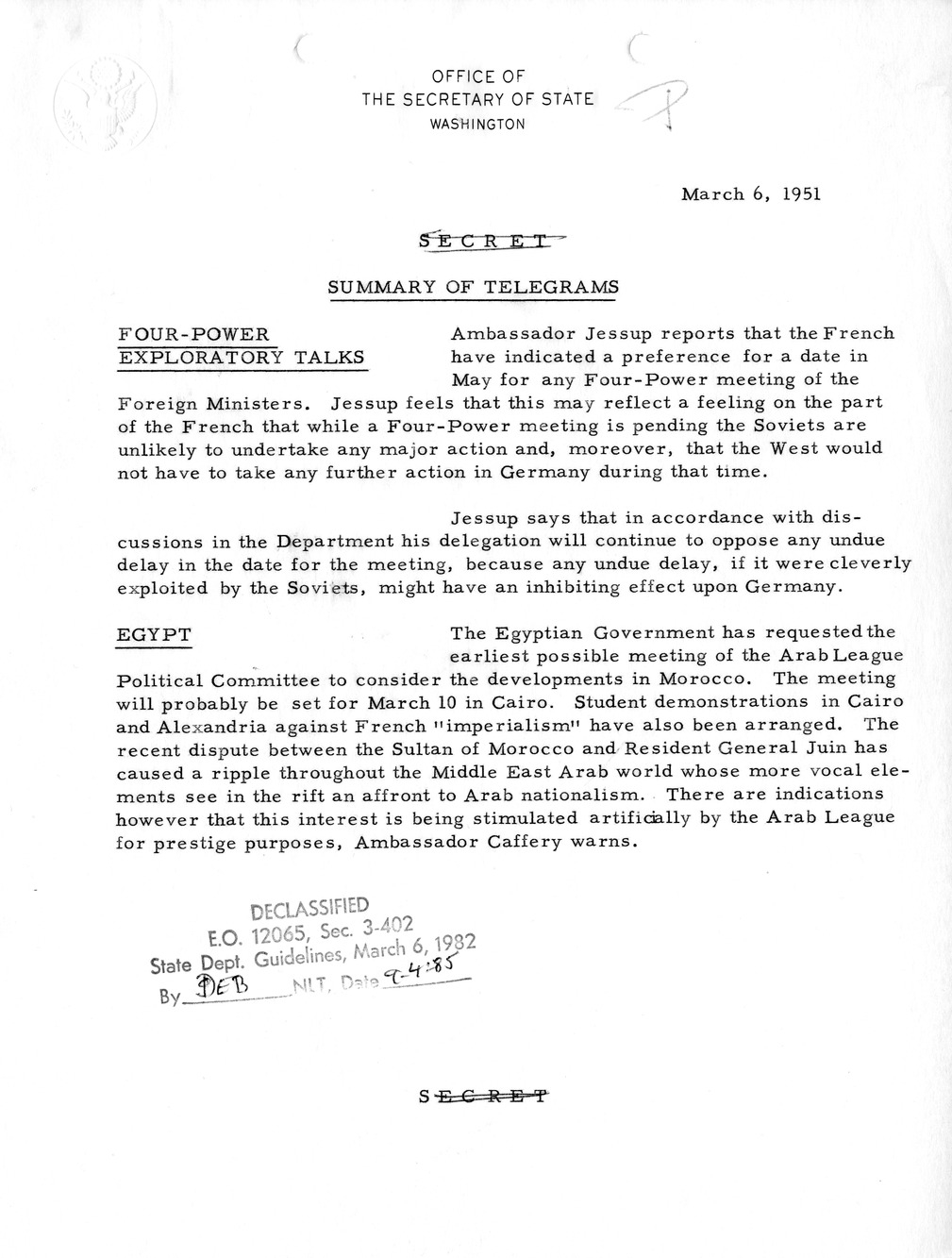 Memorandum, State Department Summary of Telegrams