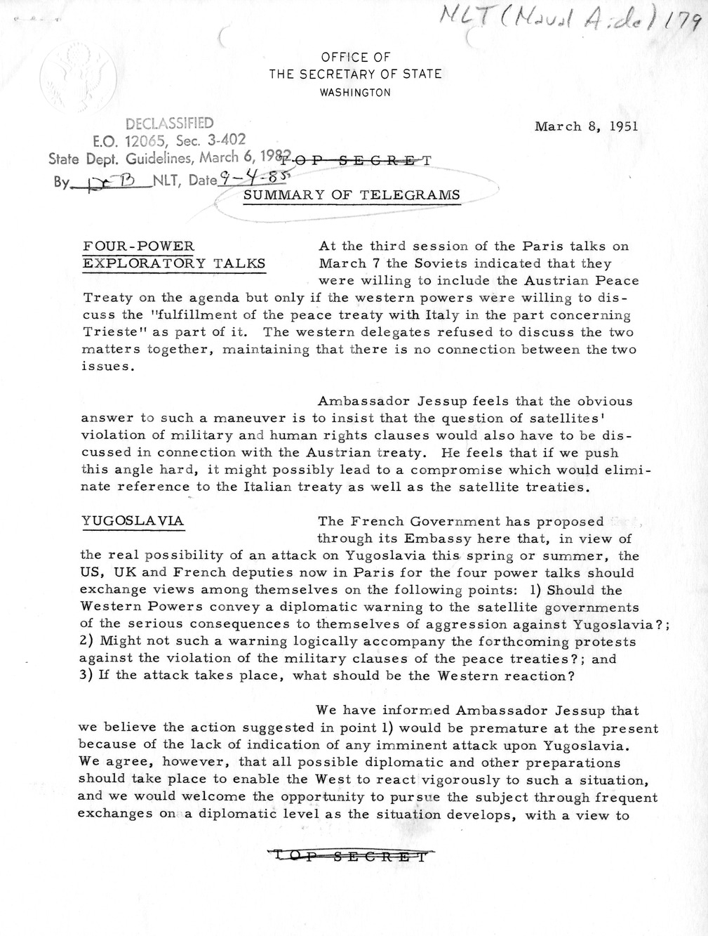 Memorandum, State Department Summary of Telegrams