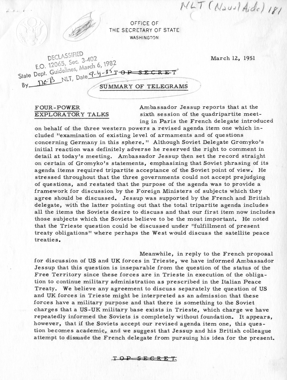 Memorandum, State Department Summary of Telegrams