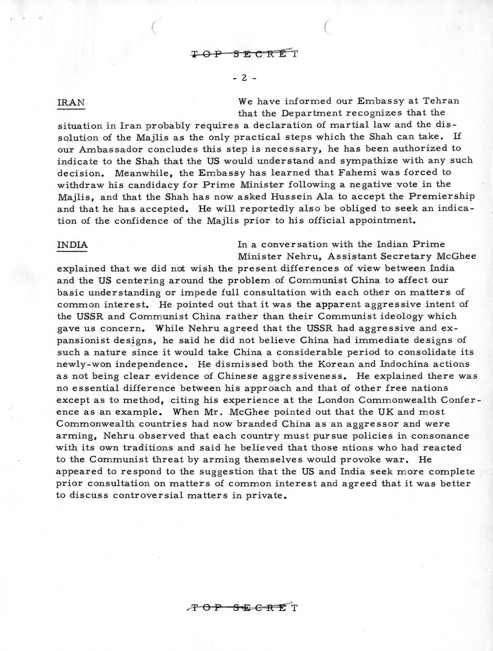Memorandum, State Department Summary of Telegrams