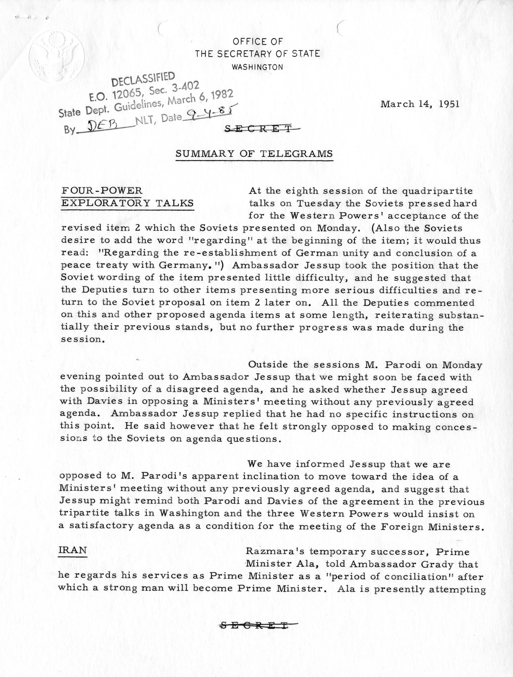 Memorandum, State Department Summary of Telegrams