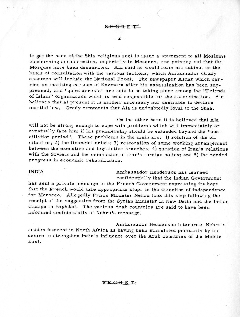 Memorandum, State Department Summary of Telegrams