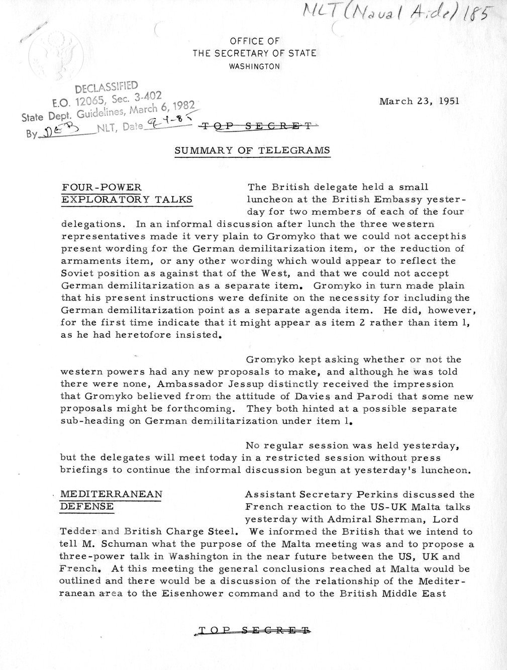 Memorandum, State Department Summary of Telegrams