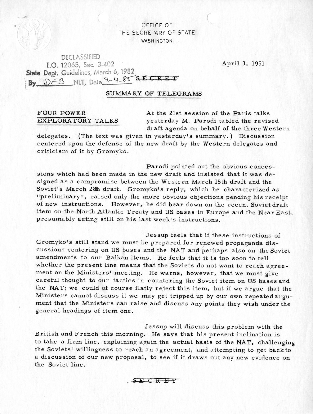 Memorandum, Department of State Summary of Telegrams