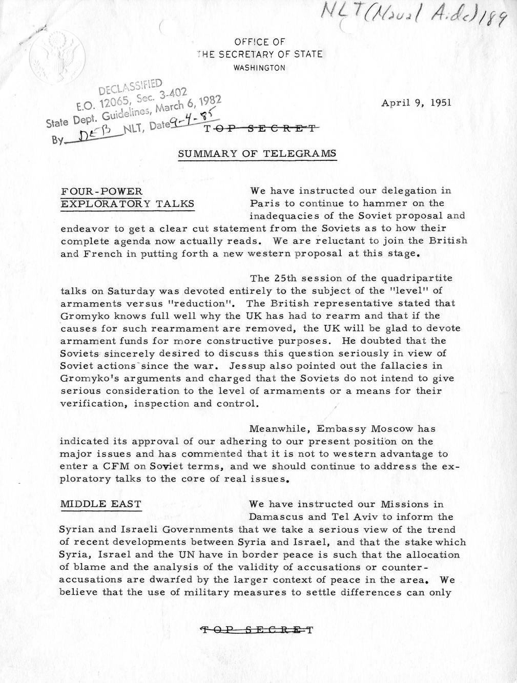 Memorandum, State Department Summary of Telegrams