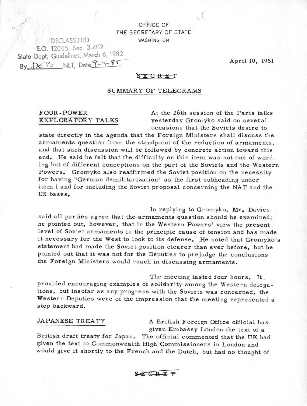 Memorandum, State Department Summary of Telegrams