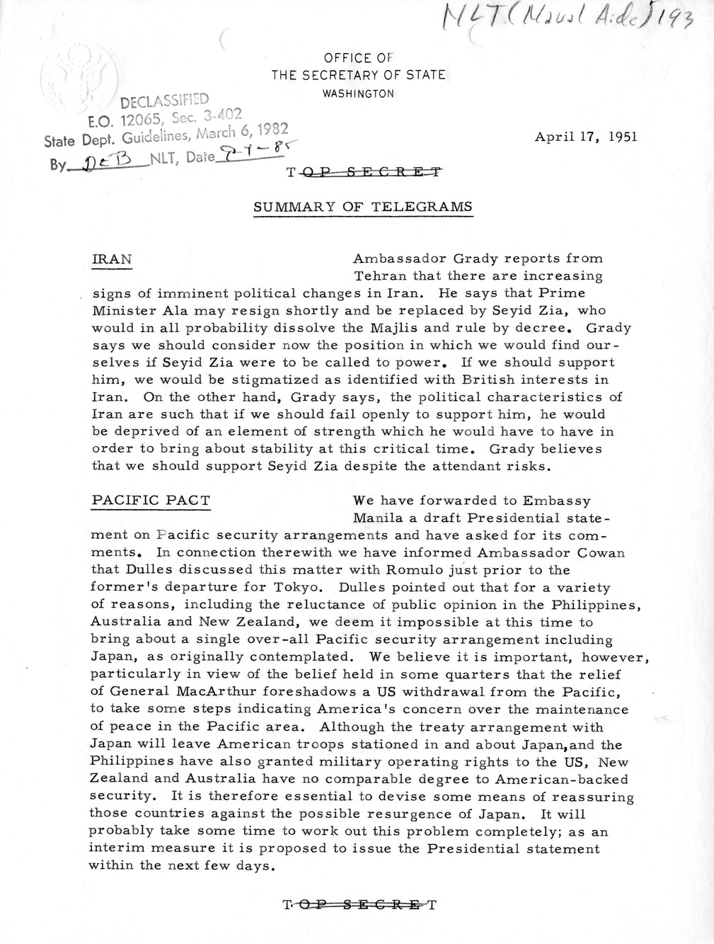 Memorandum, State Department Summary of Telegrams