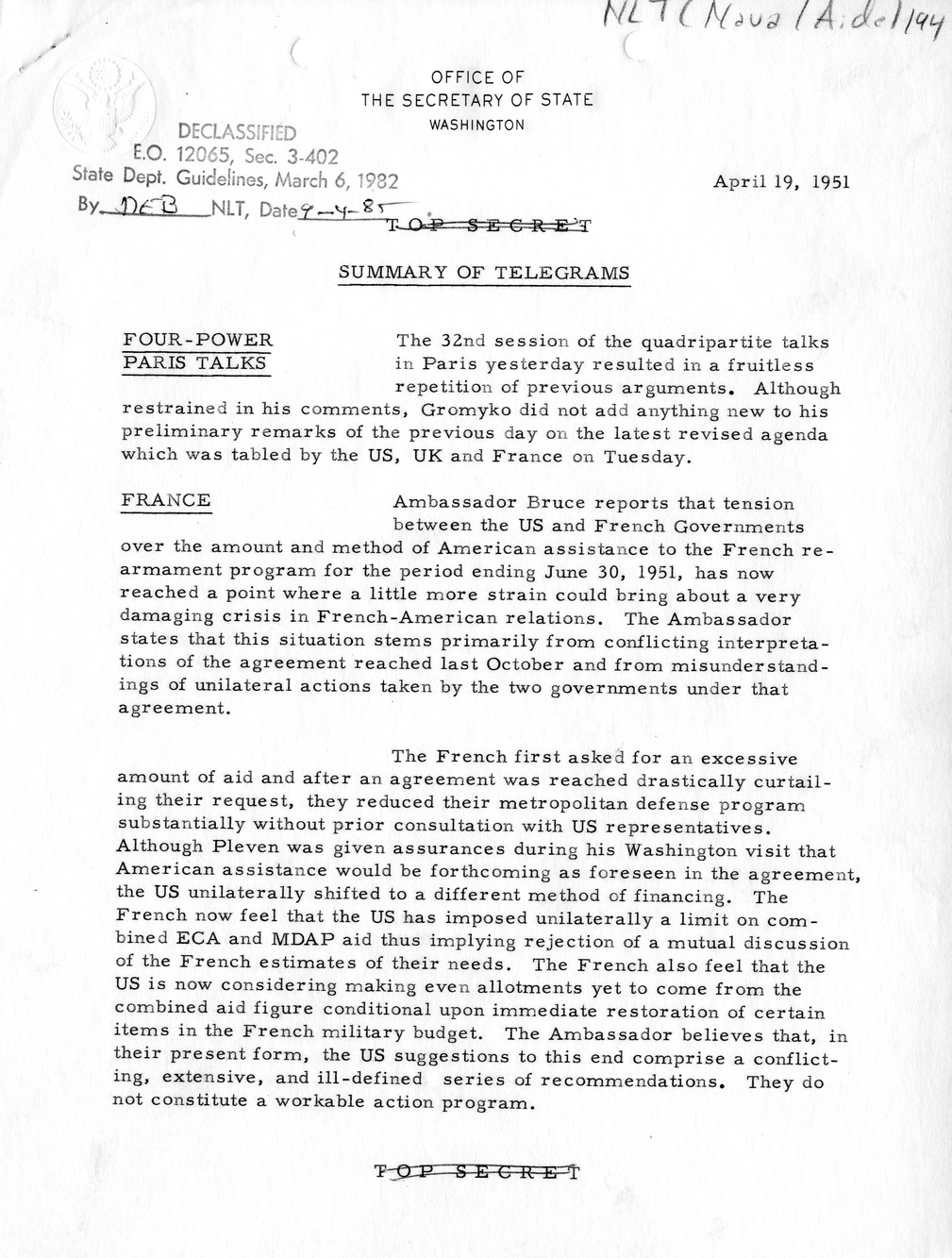 Memorandum, State Department Summary of Telegrams