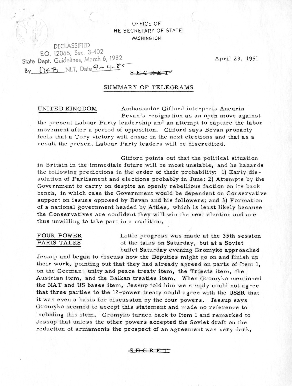 Memorandum, State Department Summary of Telegrams