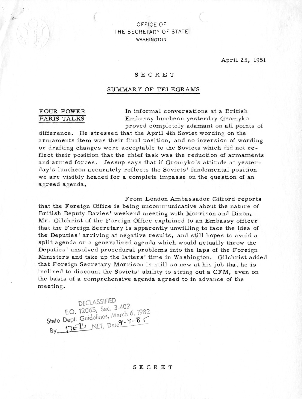 Memorandum, State Department Summary of Telegrams