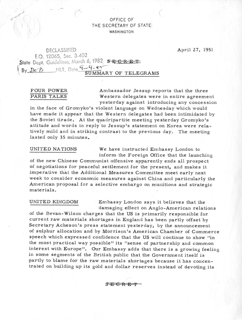 Memorandum, State Department Summary of Telegrams