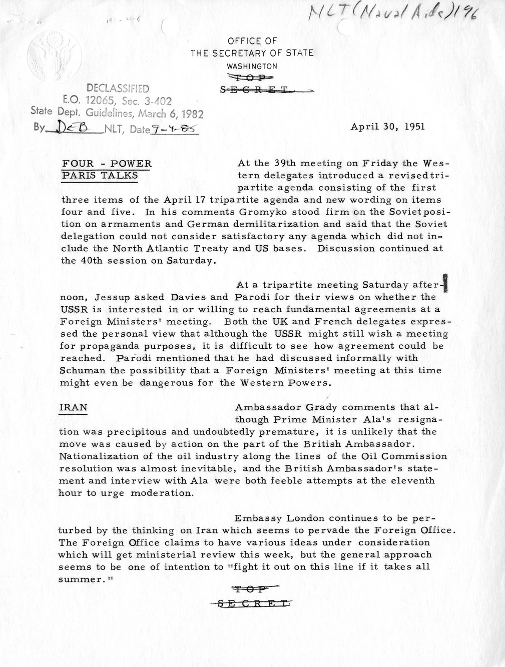 Memorandum, State Department Summary of Telegrams