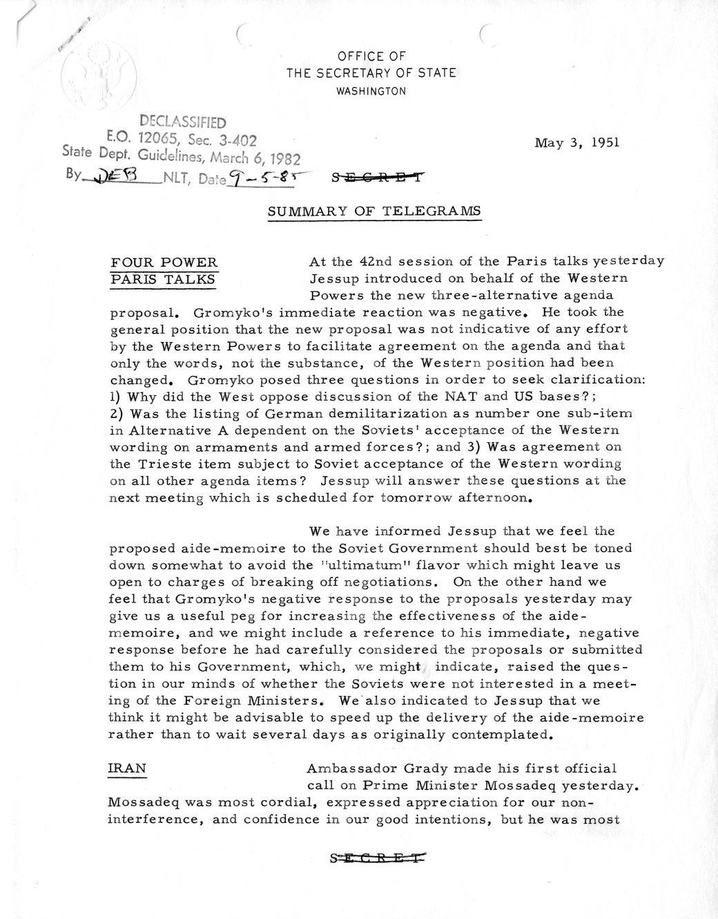 Memorandum, State Department Summary of Telegrams