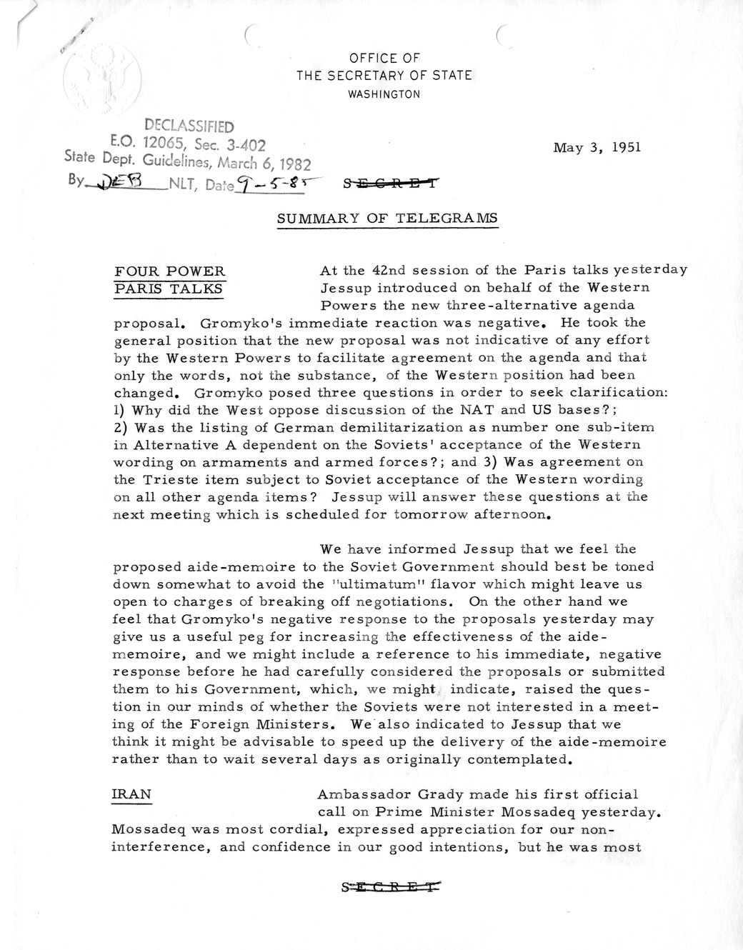 Memorandum, State Department Summary of Telegrams