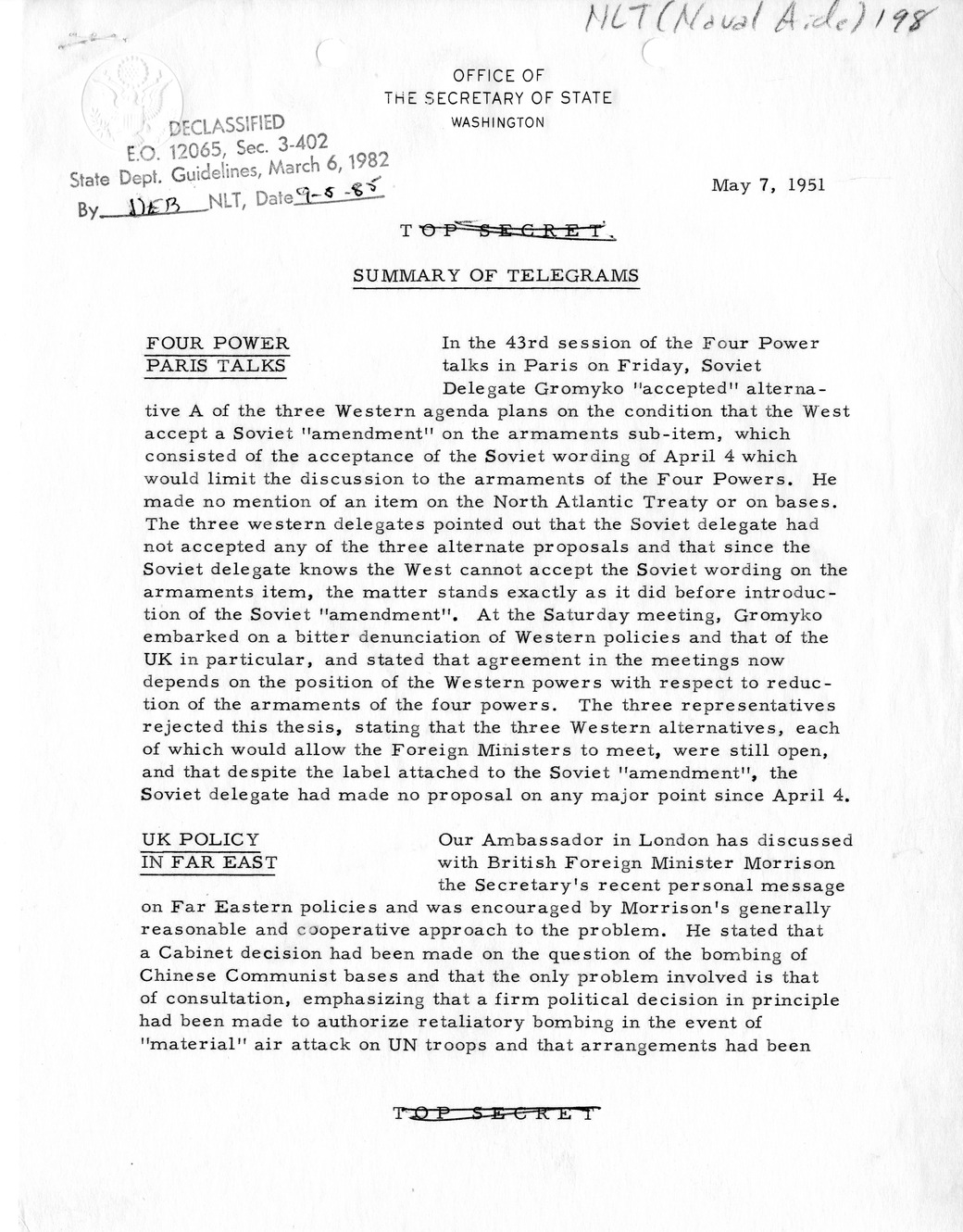 Memorandum, State Department Summary of Telegrams