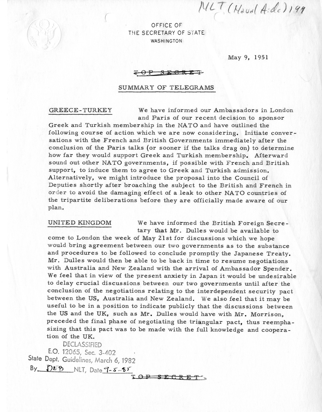 Memorandum, State Department Summary of Telegrams