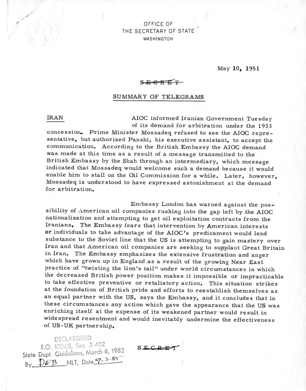 Memorandum, State Department Summary of Telegrams