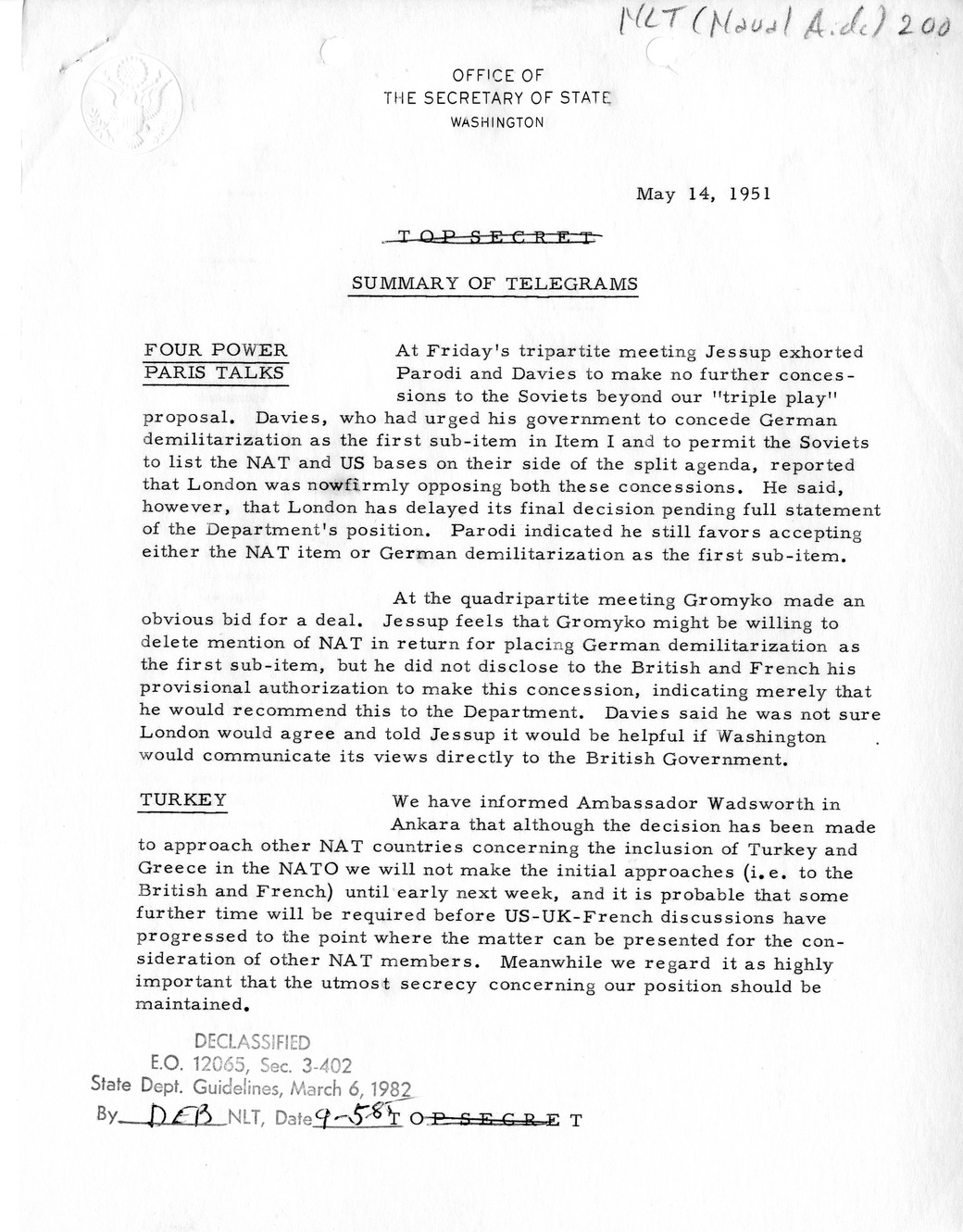 Memorandum, State Department Summary of Telegrams