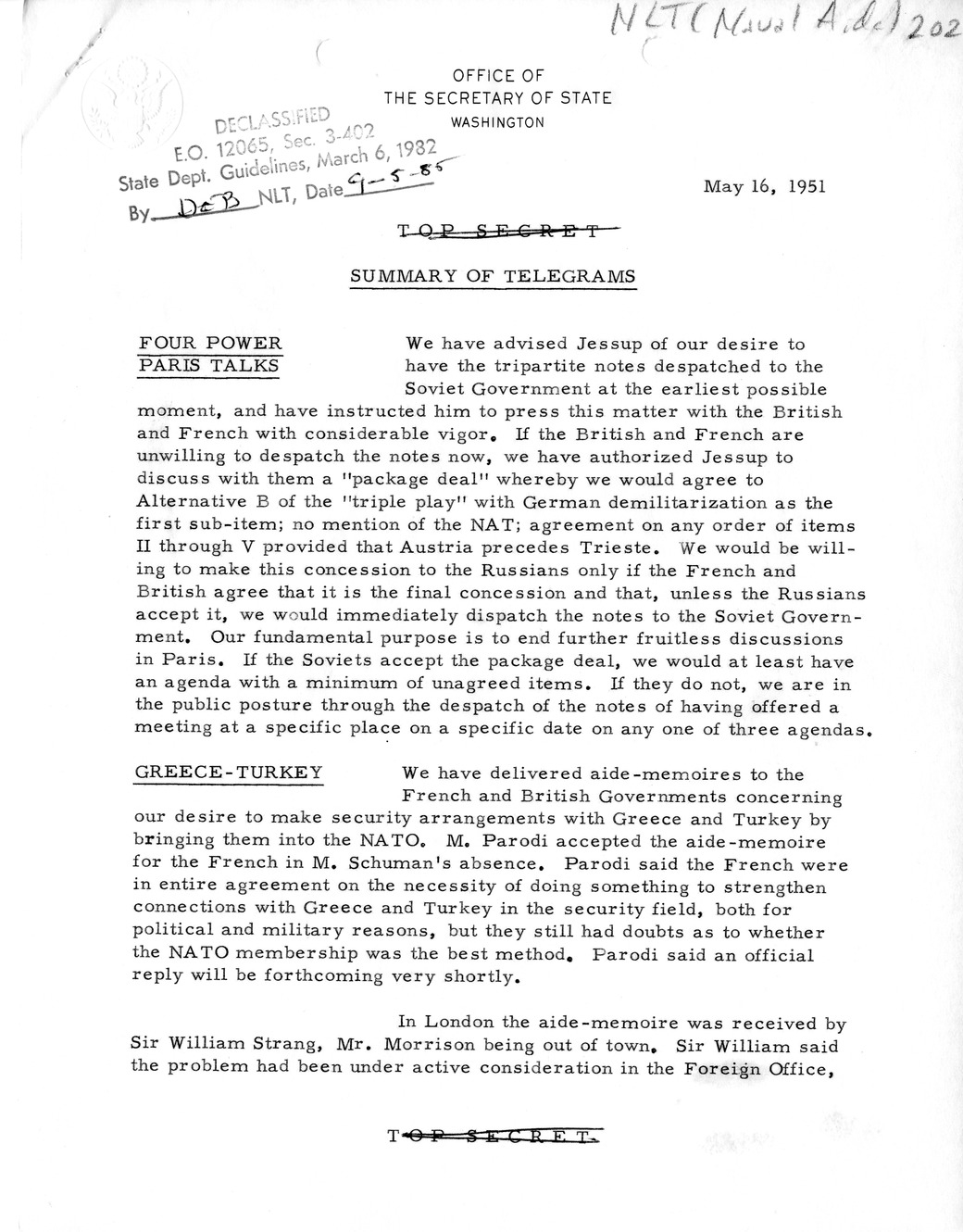 Memorandum, State Department Summary of Telegrams