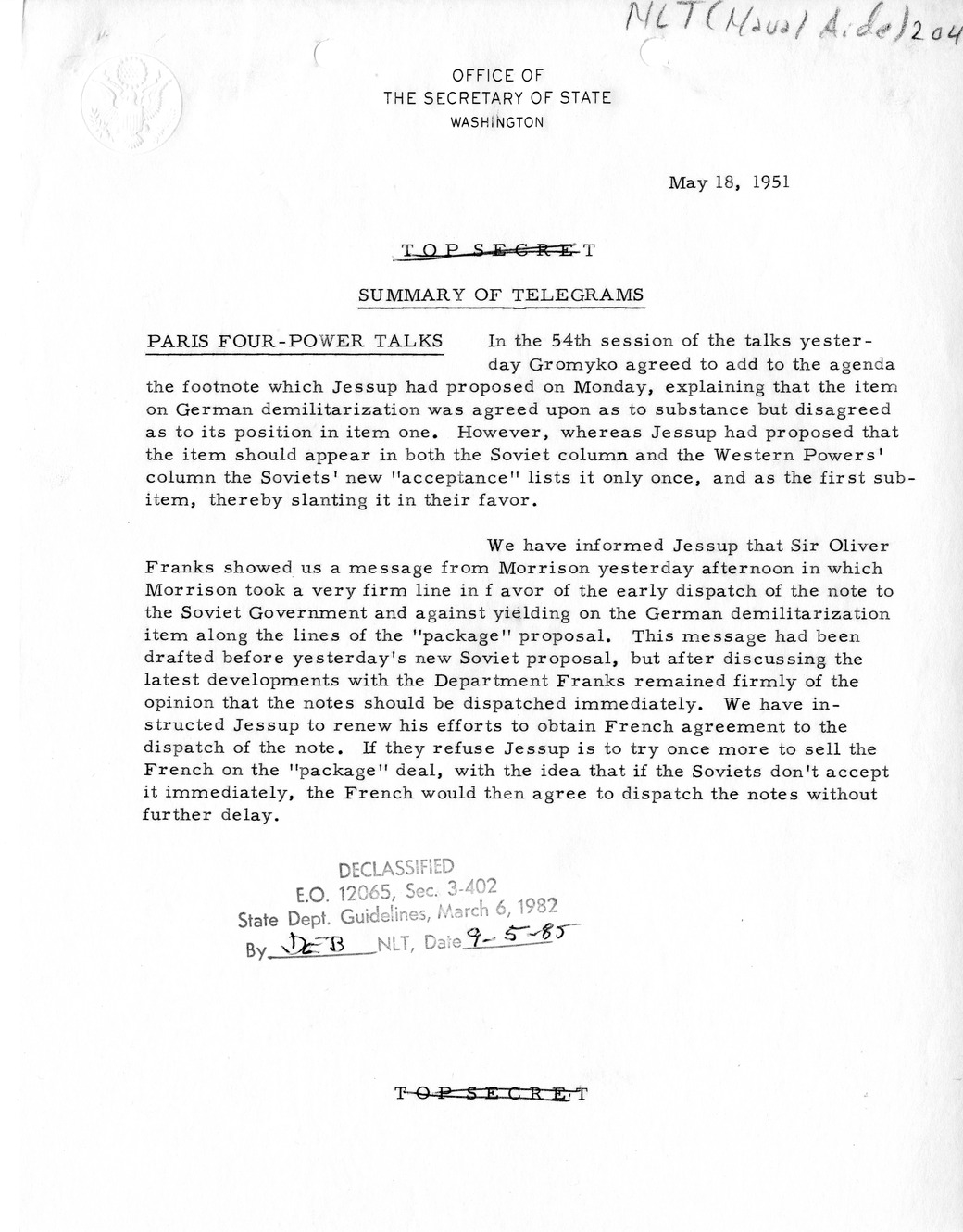 Memorandum, State Department Summary of Telegrams
