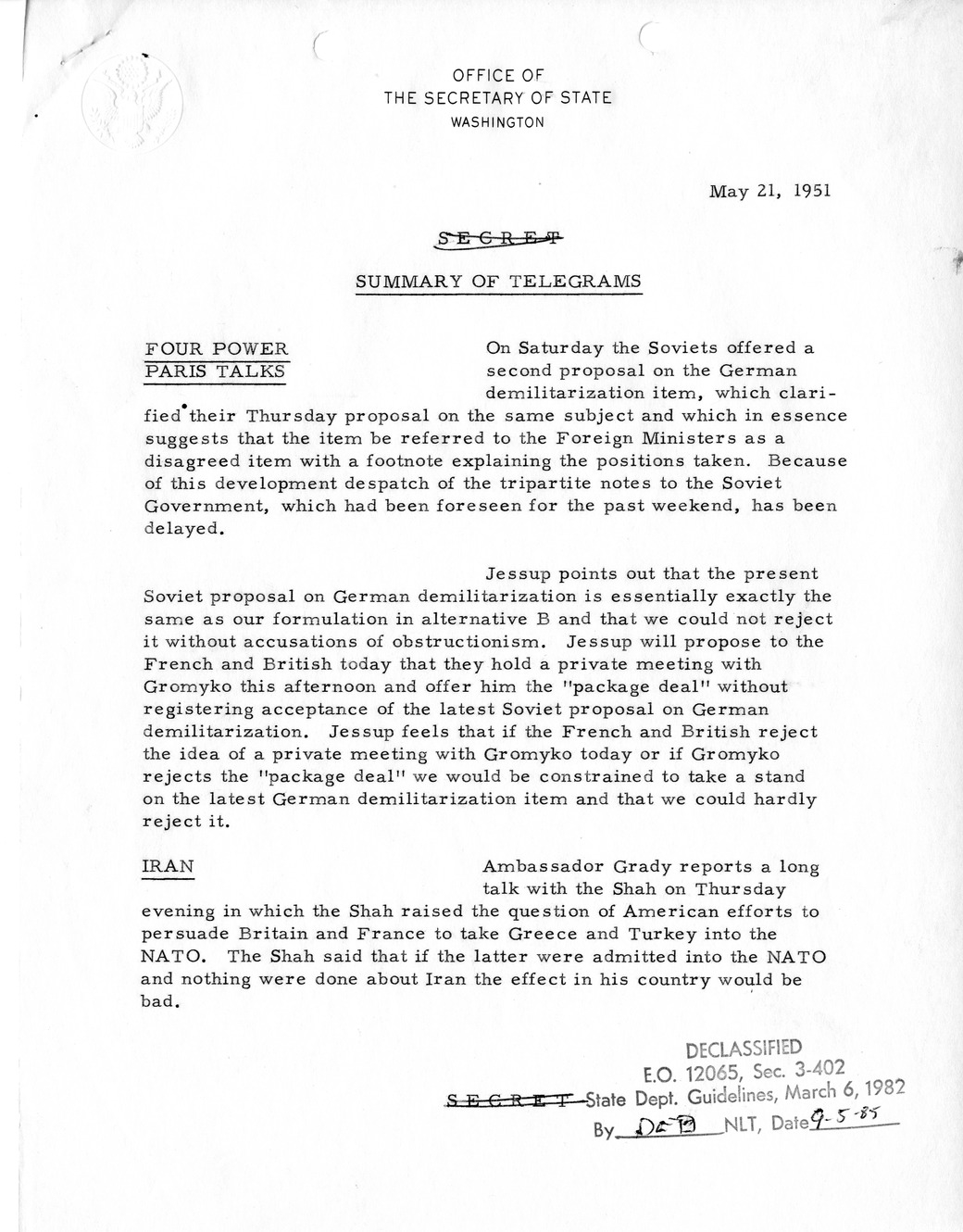 Memorandum, State Department Summary of Telegrams