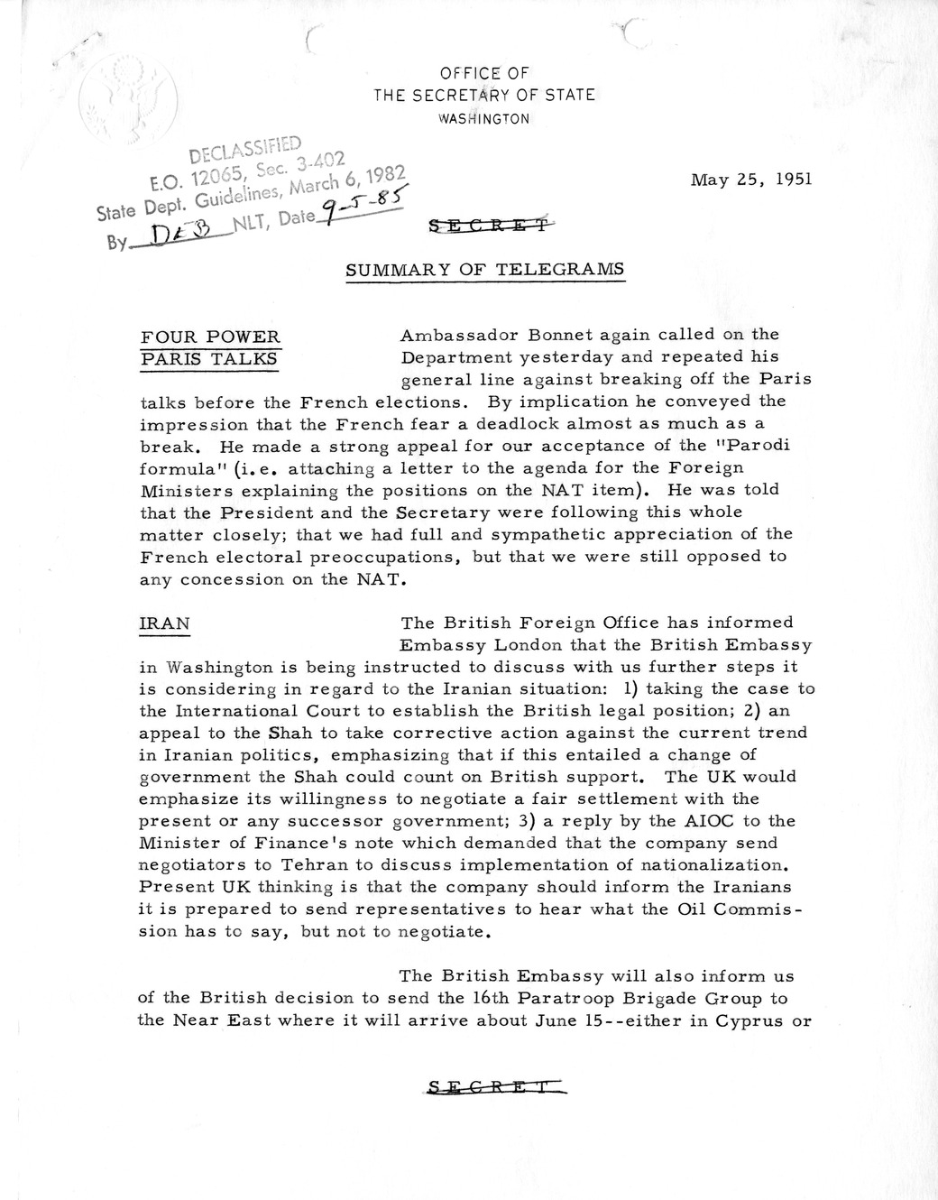 Memorandum, State Department Summary of Telegrams