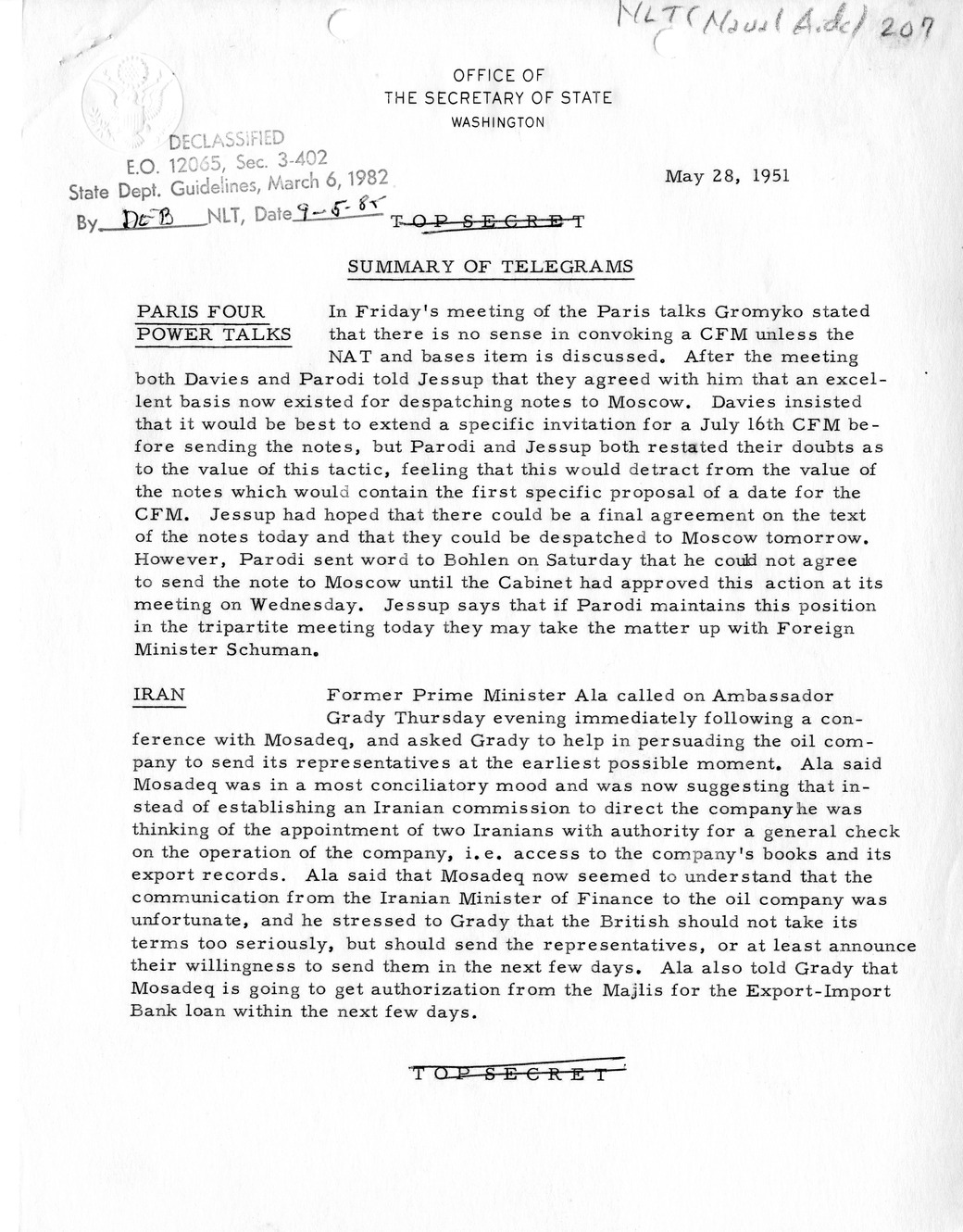 Memorandum, State Department Summary of Telegrams