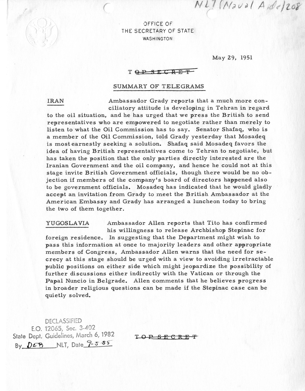 Memorandum, State Department Summary of Telegrams