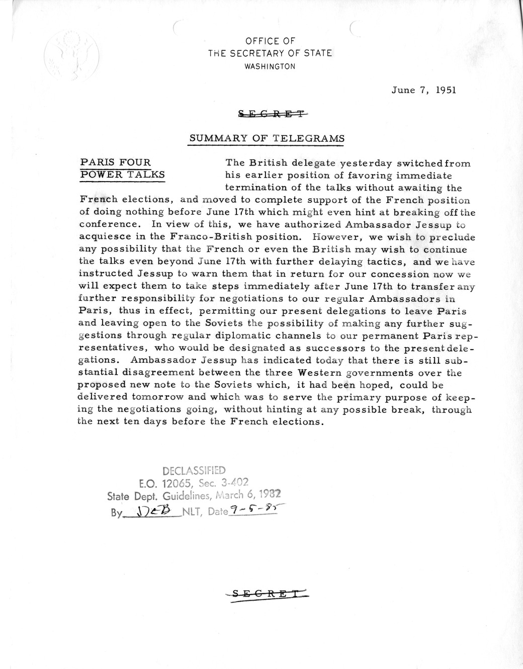 Memorandum, State Department Summary of Telegrams