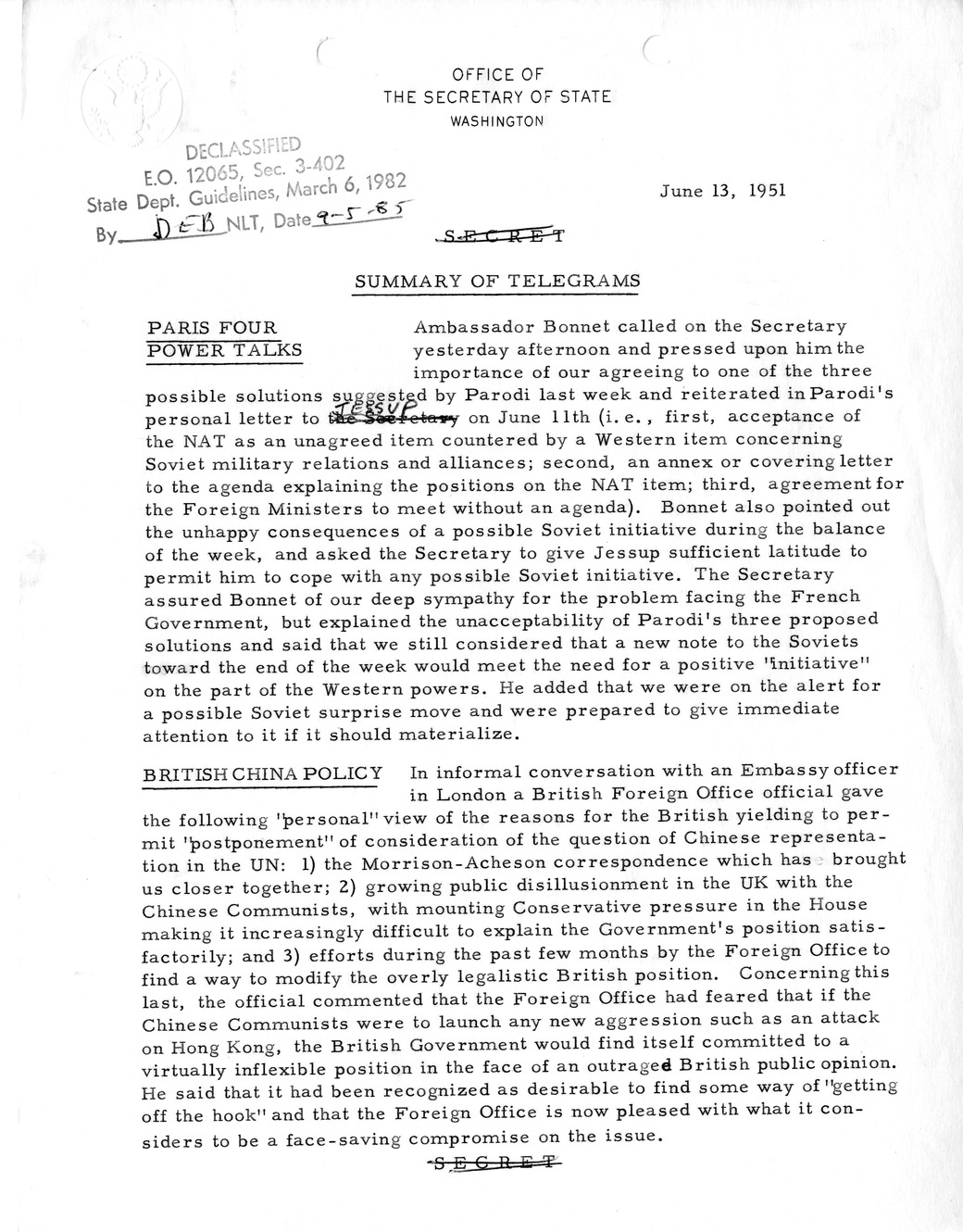 Memorandum, State Department Summary of Telegrams