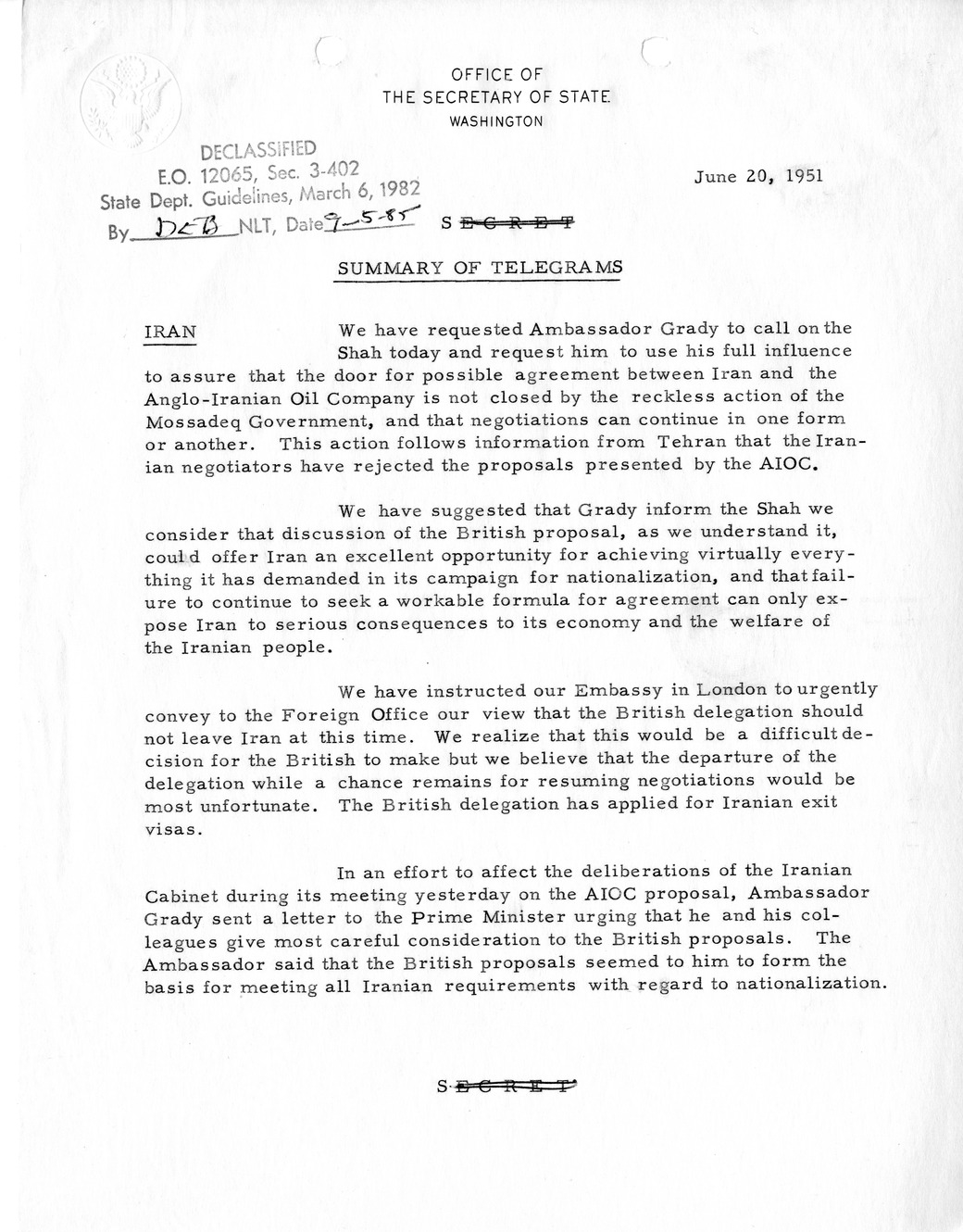 Memorandum, State Department Summary of Telegrams