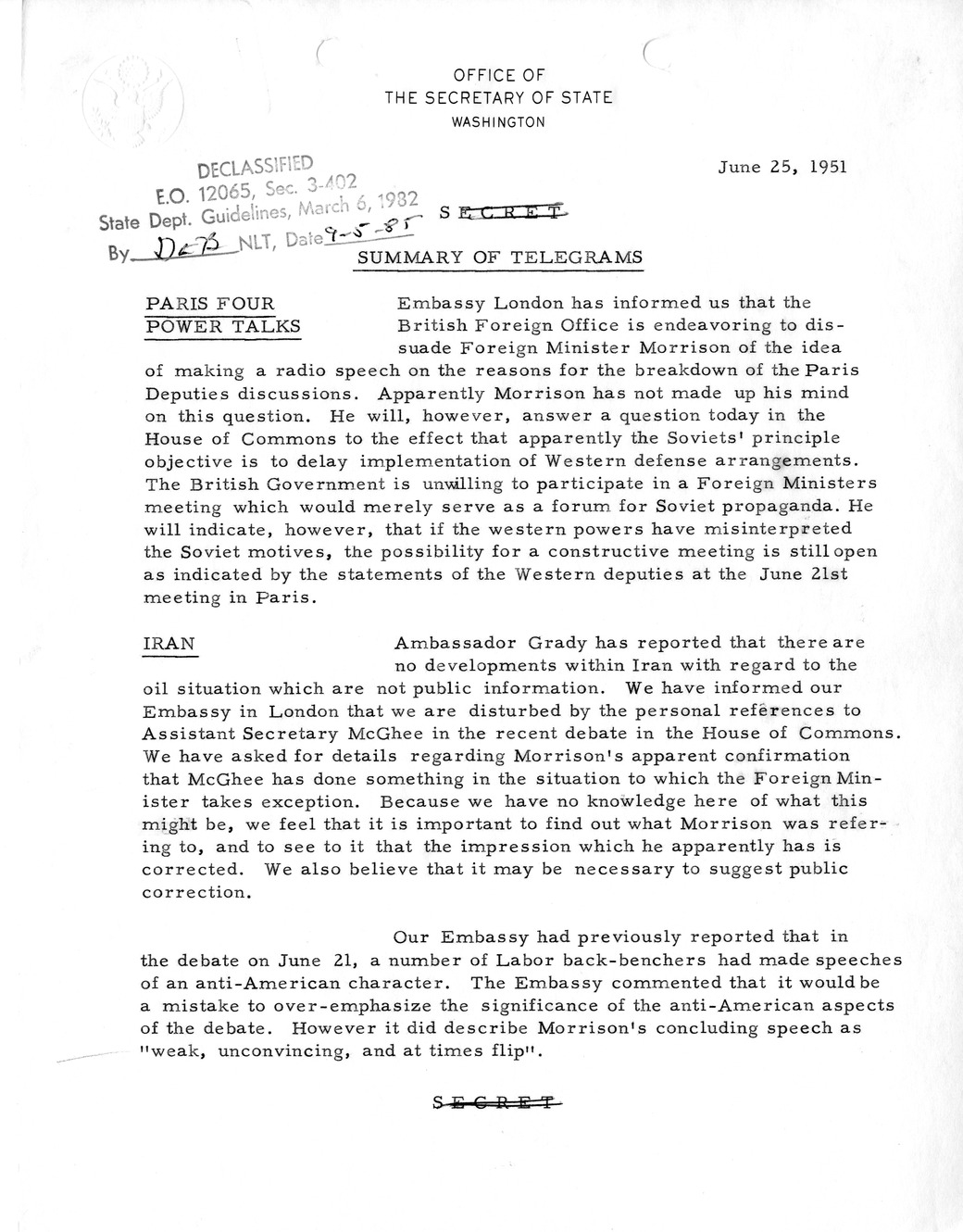 Memorandum, State Department Summary of Telegrams