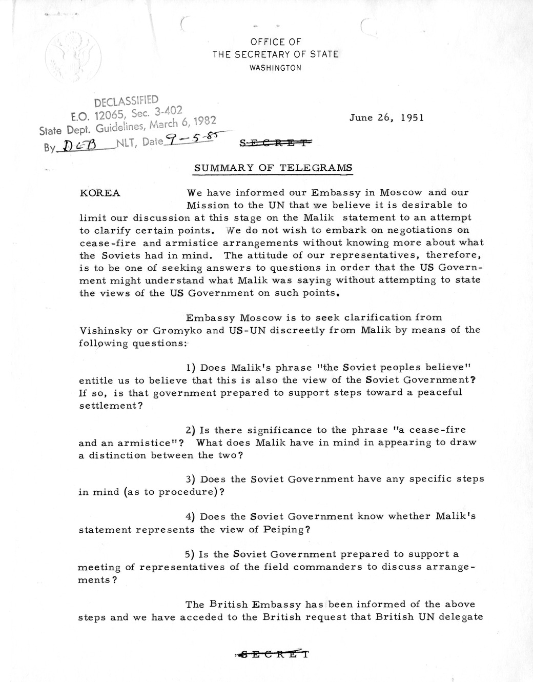 Memorandum, State Department Summary of Telegrams