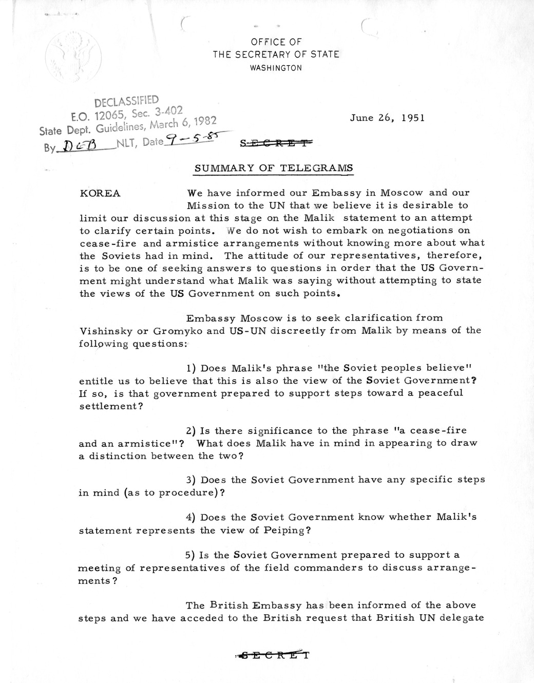 Memorandum, State Department Summary of Telegrams