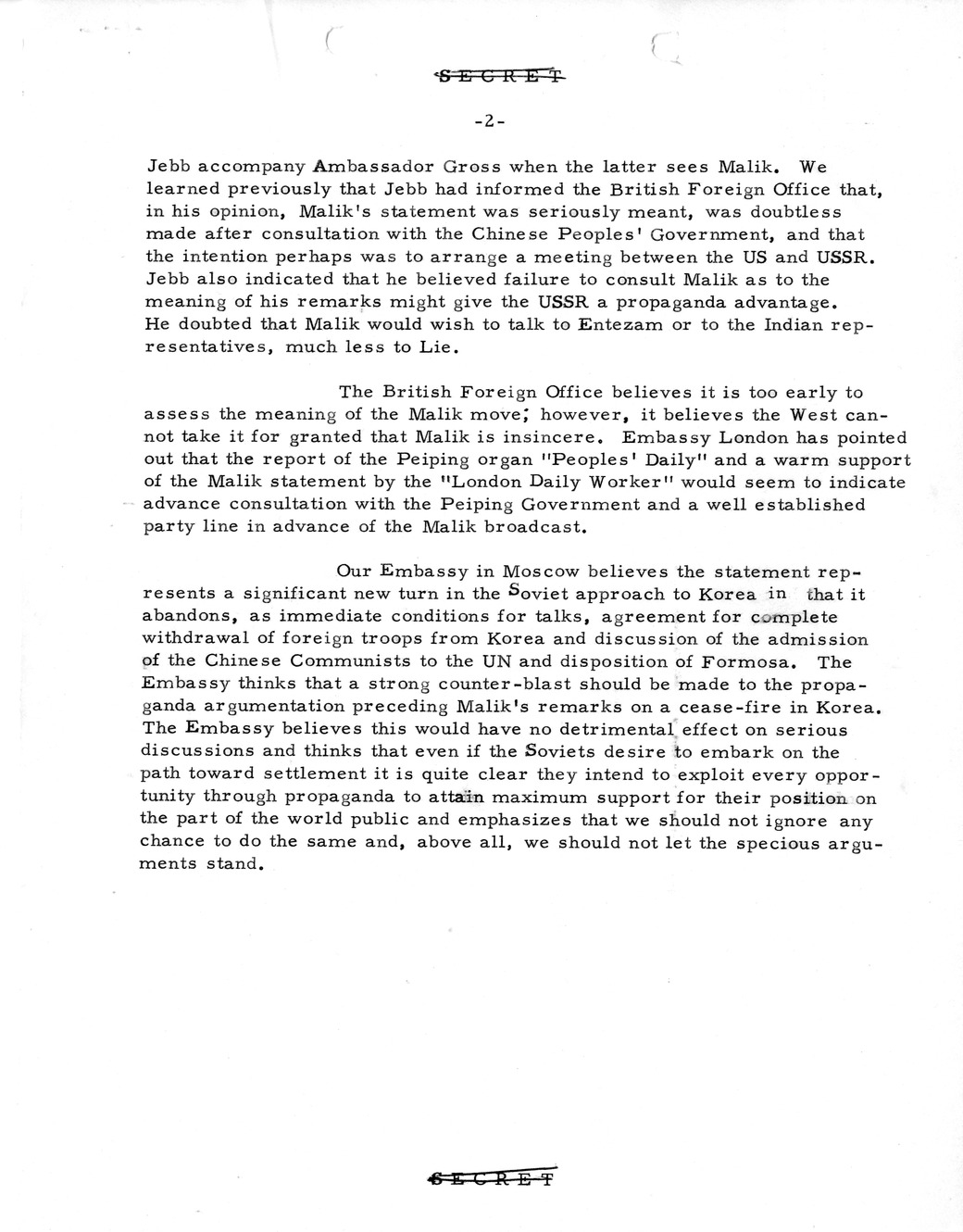 Memorandum, State Department Summary of Telegrams