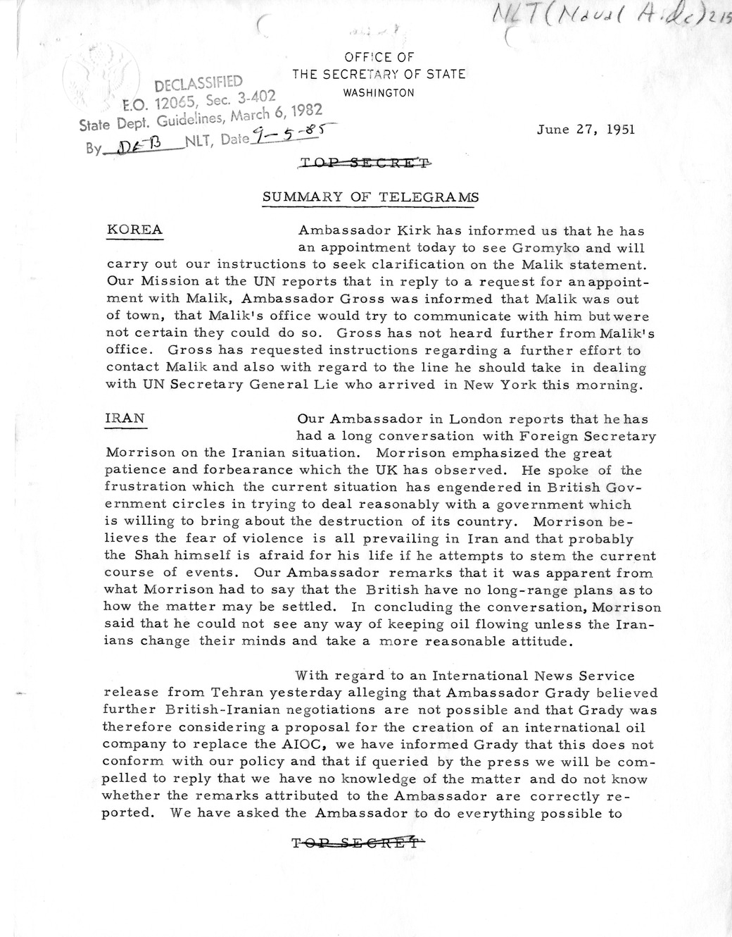 Memorandum, State Department Summary of Telegrams