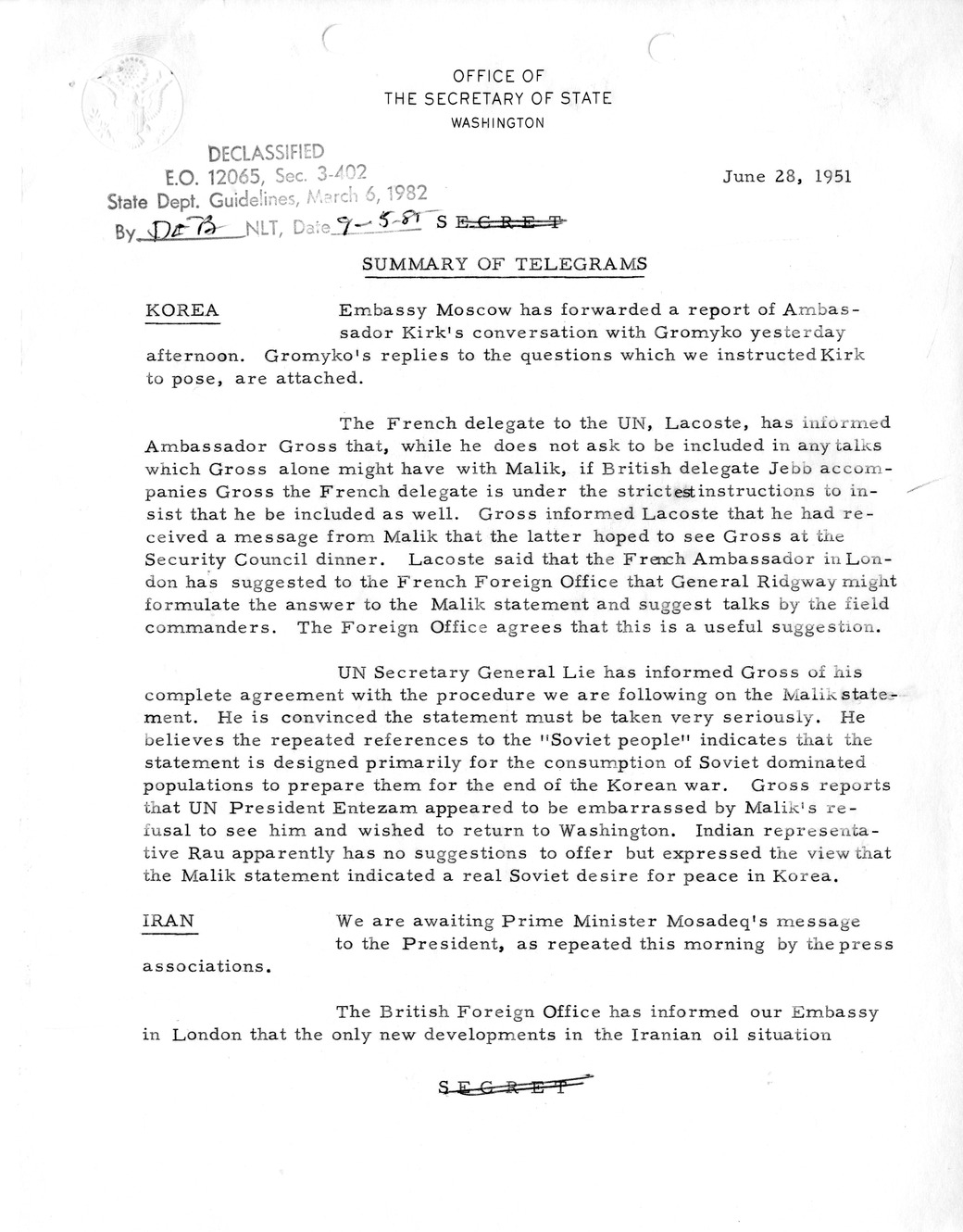 Memorandum, State Department Summary of Telegrams