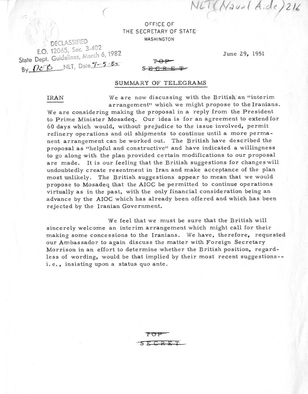 Memorandum, State Department Summary of Telegrams