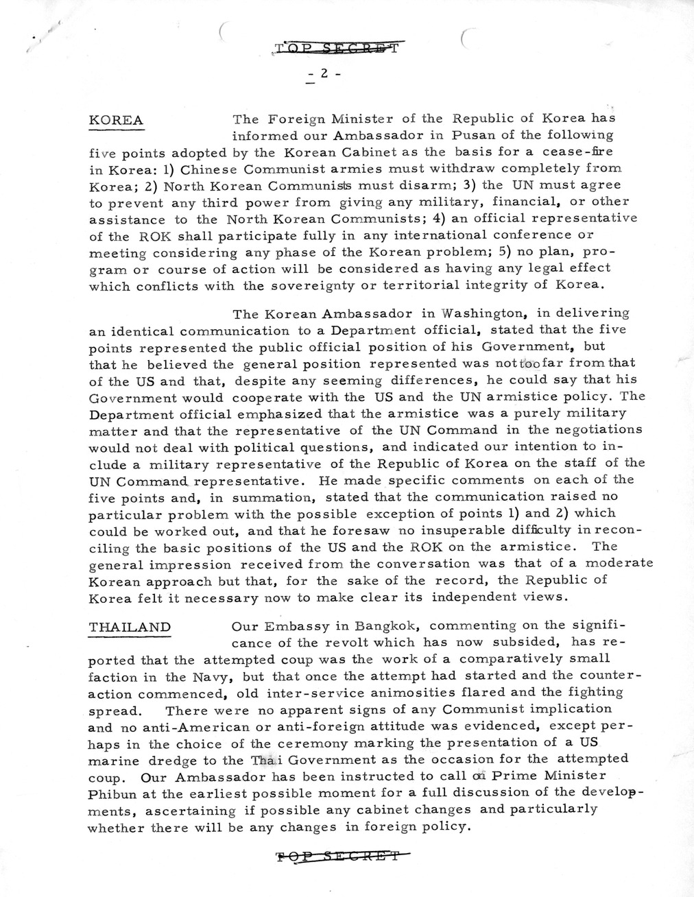 Memorandum, State Department Summary of Telegrams