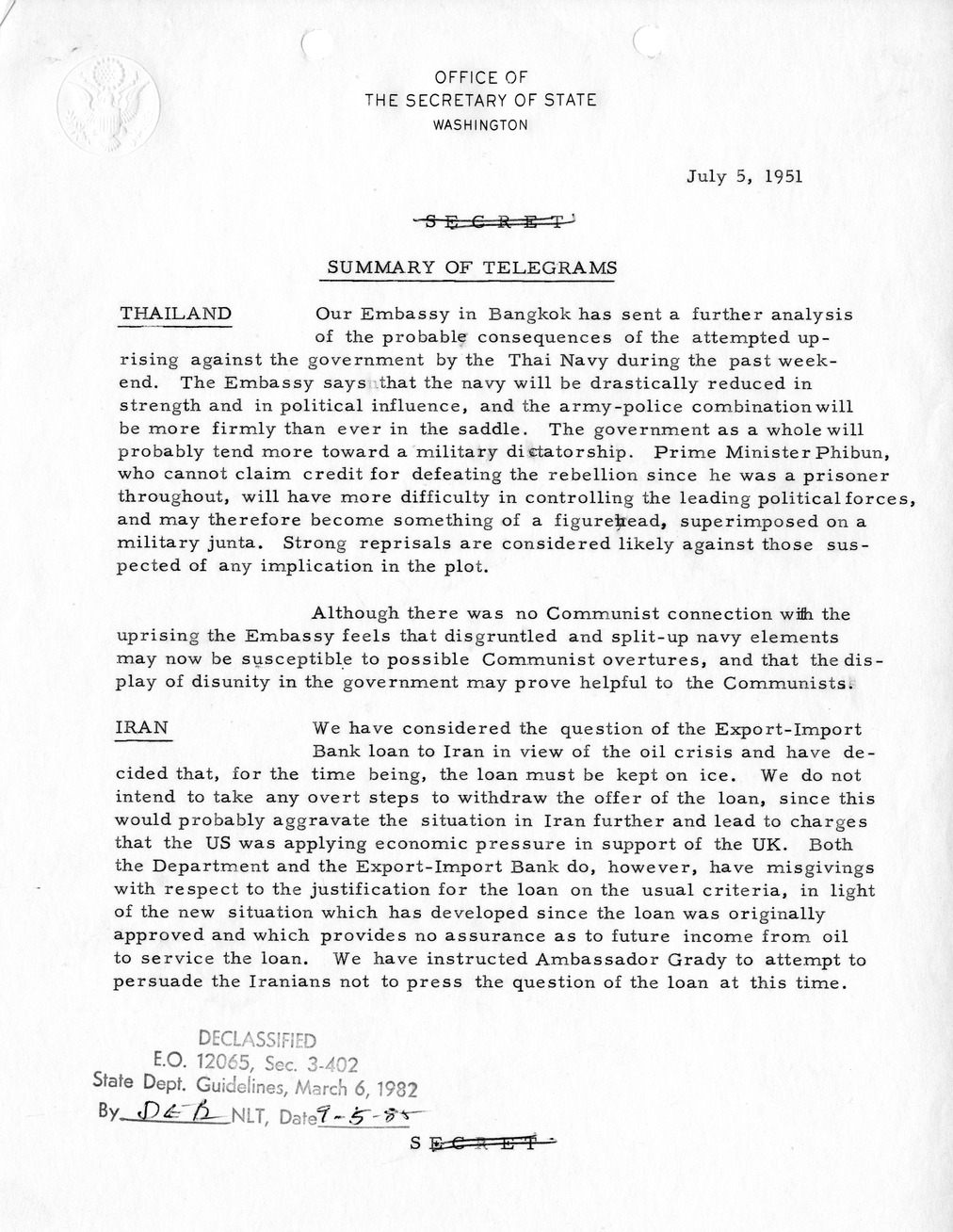 Memorandum, State Department Summary of Telegrams